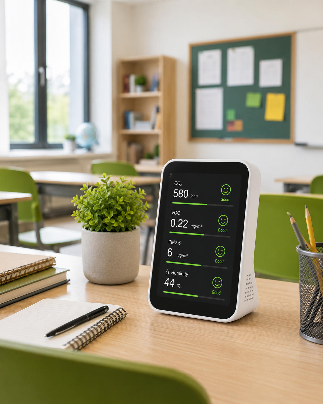 Indoor air quality monitor on a desk showing CO2, VOC, PM2.5 and humidity readings